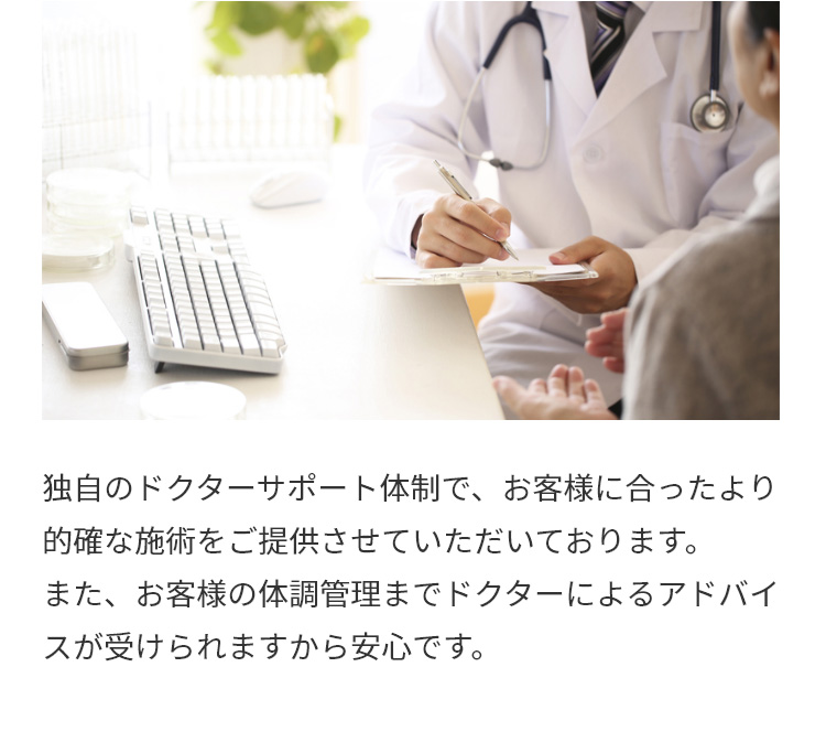 独自のドクターサポート体制で、お客様に合ったより的確な施術をご提供させていただいております。また、お客様の体調管理までドクターによるアドバイスが受けられますから安心です。