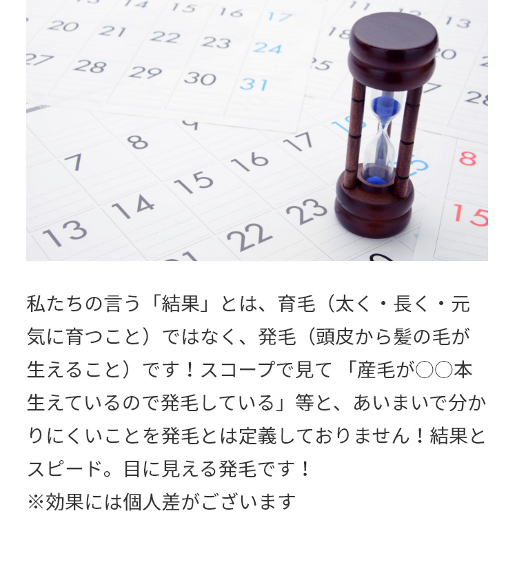 私たちの言う「結果」とは、育毛（太く・長く・元気に育つこと）ではなく、発毛（頭皮から髪の毛が生えること）です！スコープで見て 「産毛が○○本生えているので発毛している」等と、あいまいで分かりにくいことを発毛とは定義しておりません！結果とスピード。目に見える発毛です！※効果には個人差がございます