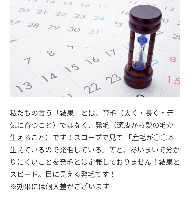 私たちの言う「結果」とは、育毛（太く・長く・元気に育つこと）ではなく、発毛（頭皮から髪の毛が生えること）です！スコープで見て 「産毛が○○本生えているので発毛している」等と、あいまいで分かりにくいことを発毛とは定義しておりません！結果とスピード。目に見える発毛です！
※効果には個人差がございます