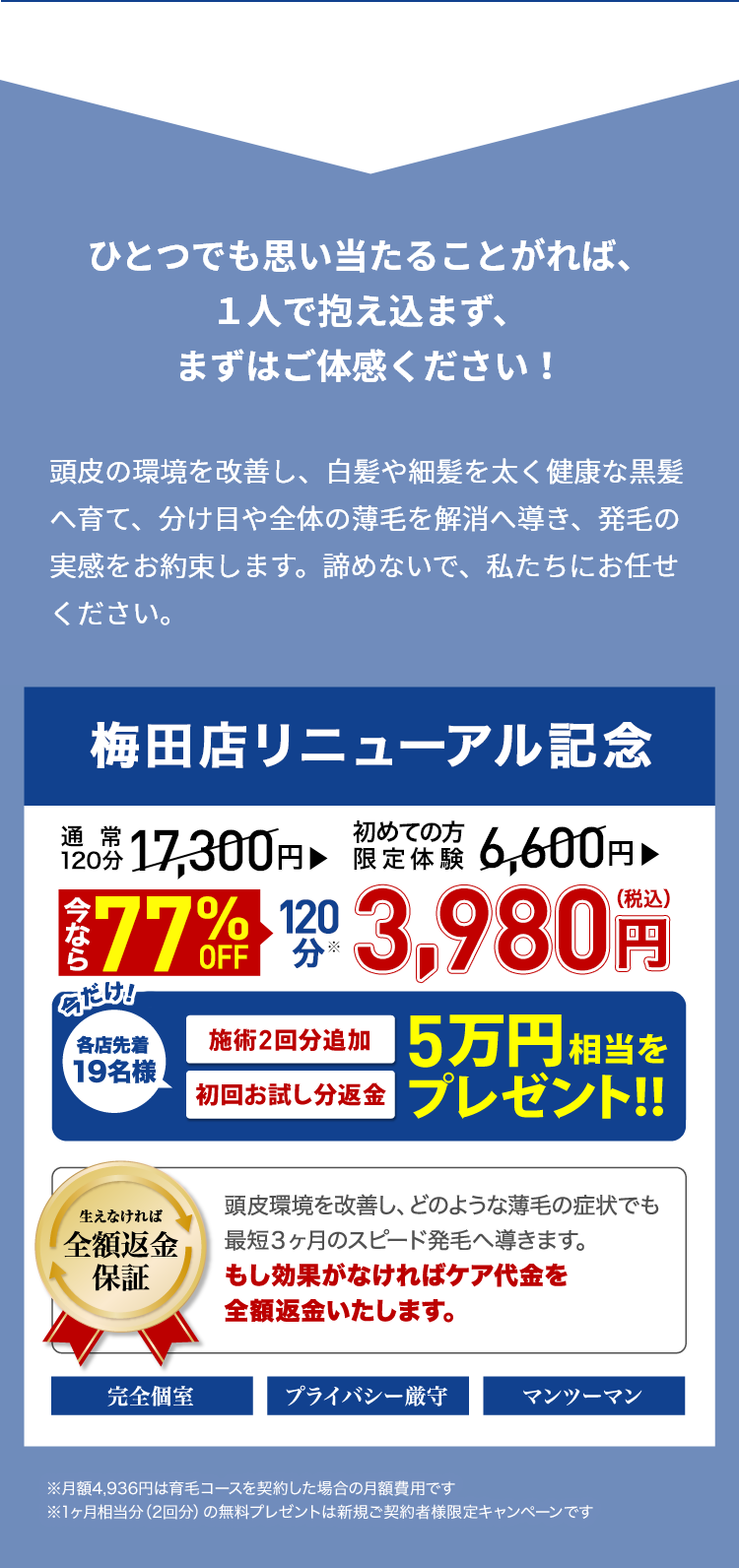 ひとつでも思い当たることがれば、１人で抱え込まず、まずはご体感ください！頭皮環境改善&発毛コース 初回お試し3,980円（税込）