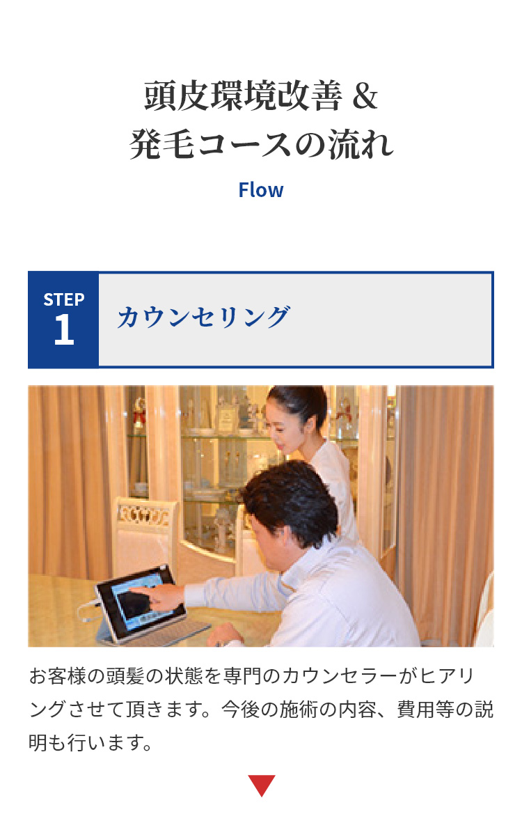 頭皮環境改善 &発毛コースの流れ STEP1 カウンセリング
