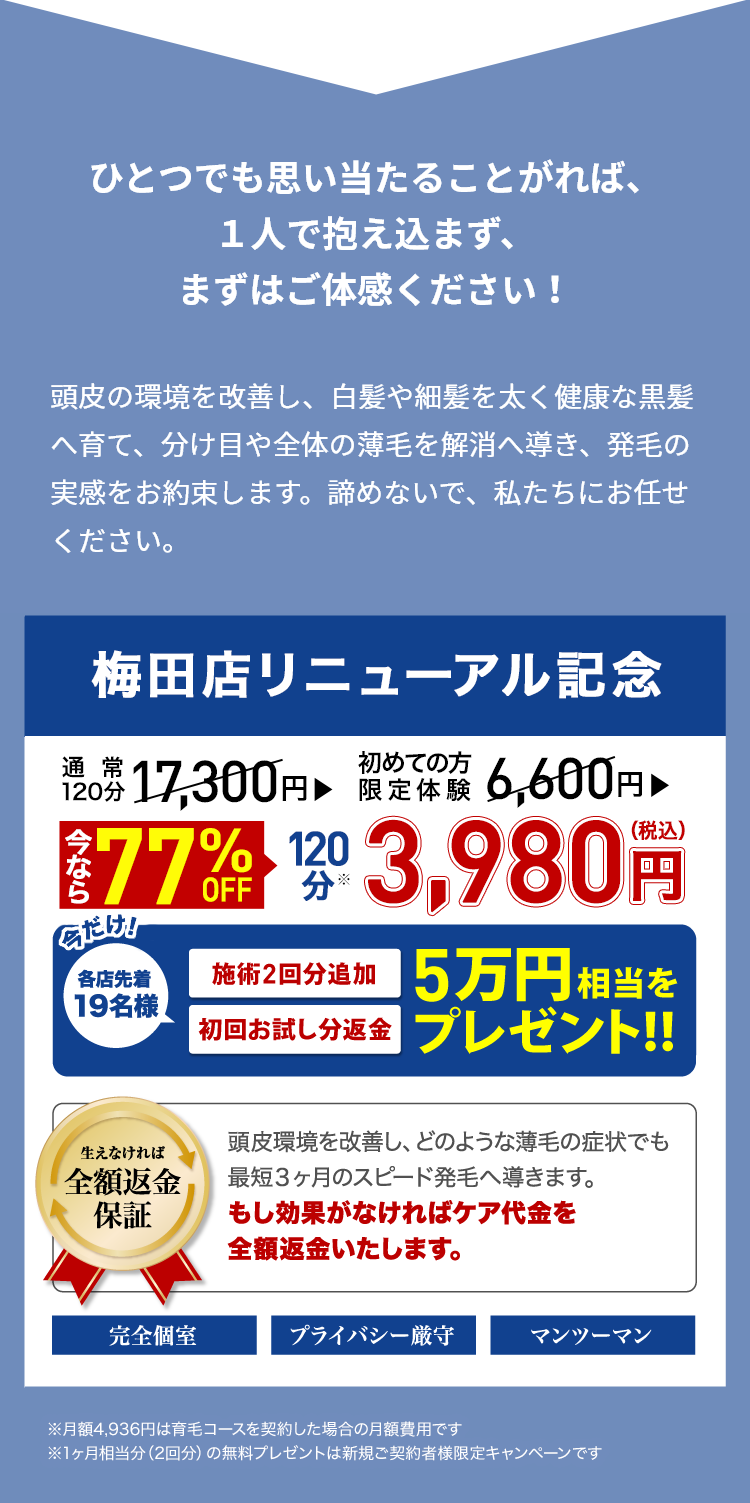 ひとつでも思い当たることがれば、１人で抱え込まず、まずはご体感ください！頭皮環境改善&発毛コース 初回お試し3,980円（税込）