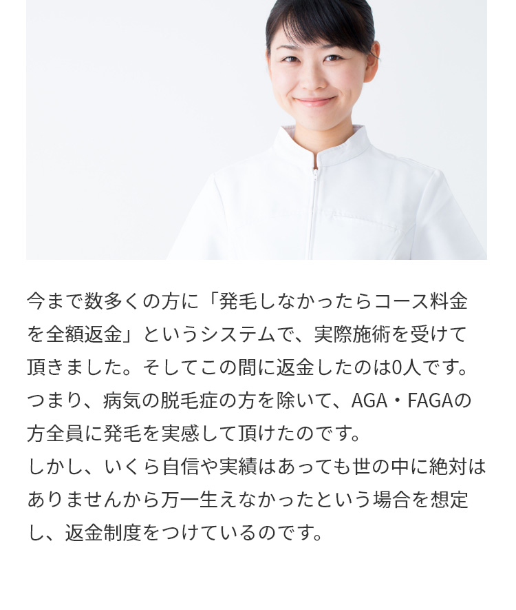 今まで数多くの方に「発毛しなかったらコース料金を全額返金」というシステムで、実際施術を受けて頂きました。そしてこの間に返金したのは0人です。つまり、病気の脱毛症の方を除いて、AGA・FAGAの方全員に発毛を実感して頂けたのです。しかし、いくら自信や実績はあっても世の中に絶対はありませんから万一生えなかったという場合を想定し、返金制度をつけているのです。※全額返金は「全額返金コース」の方に限ります。