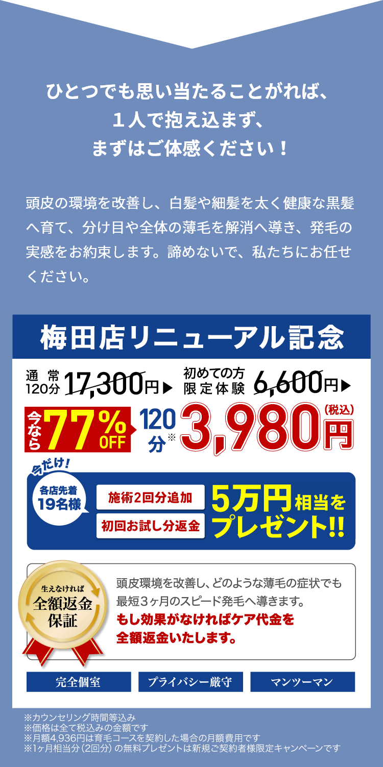 ひとつでも思い当たることがれば、１人で抱え込まず、まずはご体感ください！頭皮環境改善&発毛コース 初回お試し3,980円（税込）